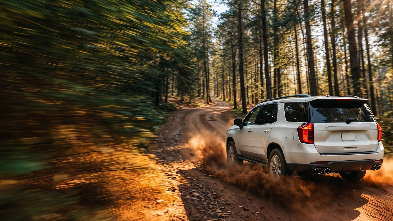Rental SUV driving on a dirt road through the forest for an off-road adventure.