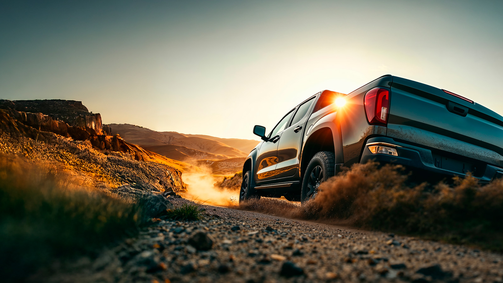 Rental pickup truck driving off-road through a desert landscape at sunset